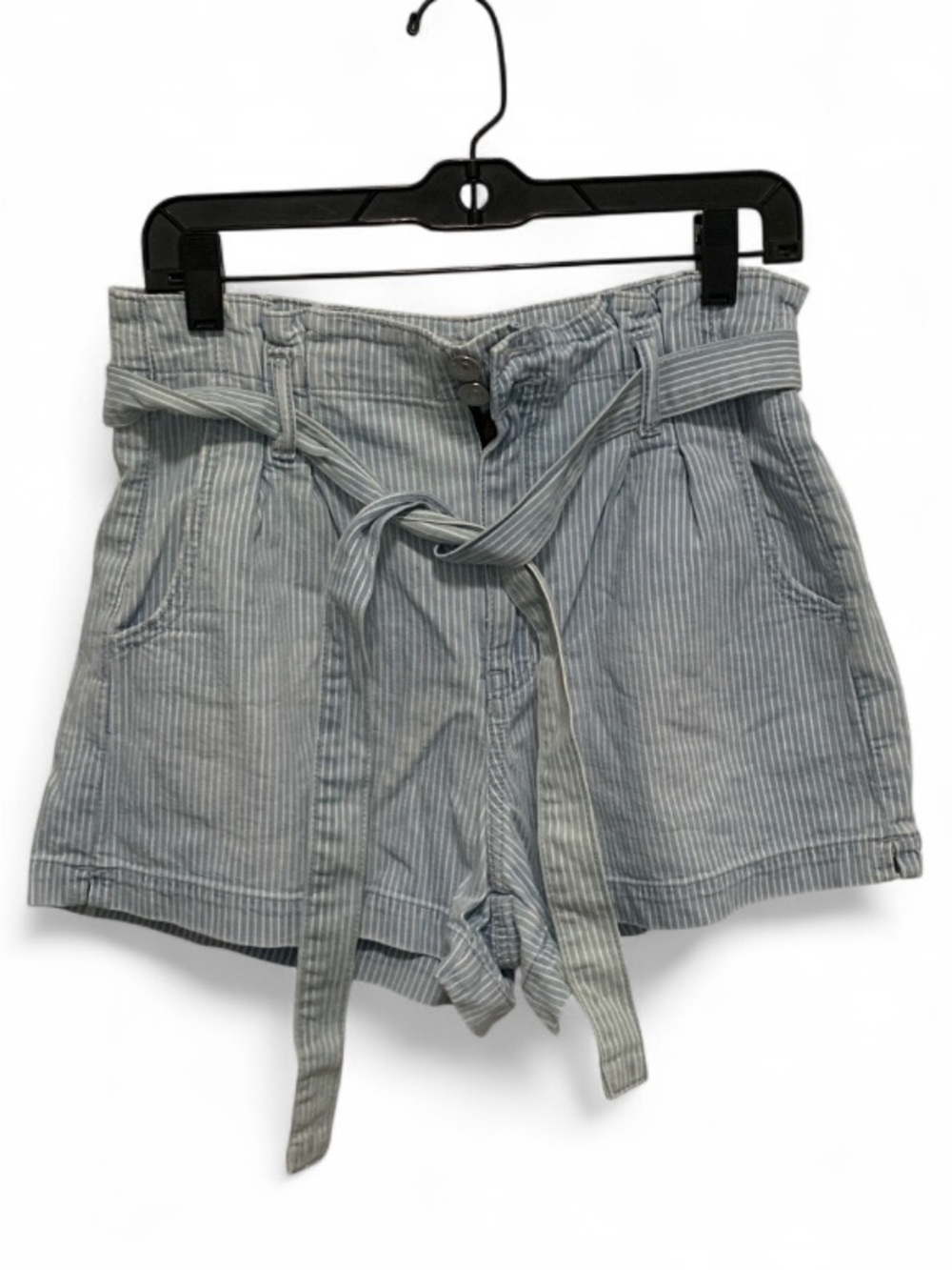 American Eagle Light Blue Striped Paperbag Waist Belted Mom Shorts